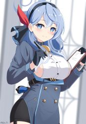 Rule 34 | 1girl, ako (blue archive), bell, black gloves, black skirt, blue archive, blue coat, blue eyes, blue hair, blue hairband, blue jacket, breasts, buttons, choker, clipboard, coat, cowbell, cowboy shot, double-breasted, gloves, gun, hair between eyes, hairband, halo, handgun, highres, holding, holding clipboard, jacket, large breasts, neck bell, pistol, reia 76, sideboob, skirt, weapon