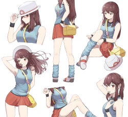 Rule 34 | 1girl, absurdres, arm behind head, arm up, armpits, bag, bare arms, blue shirt, blue socks, brown hair, closed mouth, commentary, creatures (company), game freak, hat, highres, hopeful wharf, kneehighs, leaf (pokemon), long hair, looking at viewer, loose socks, miniskirt, mouth hold, multiple views, nintendo, pleated skirt, pokemon, pokemon frlg, ponytail, red eyes, red skirt, shirt, skirt, sleeveless, sleeveless shirt, socks, standing, straight hair, tying hair, upper body, white background, white headwear, wristband