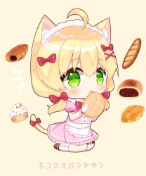 Rule 34 | 1girl, :o, ahoge, animal ears, apron, baguette, blonde hair, bow, bread, brown background, brown footwear, cake, cat ears, cat girl, cat tail, chibi, chocolate cornet, collared shirt, food, frilled apron, frilled skirt, frills, gloves, green eyes, hair between eyes, hair bow, hair ornament, hairclip, heart, highres, holding, holding food, long hair, looking at viewer, low twintails, maid headdress, notice lines, open mouth, original, pink shirt, pink skirt, pleated skirt, puffy short sleeves, puffy sleeves, red bow, shikito (yawa0w0), shirt, shoes, short sleeves, simple background, sitting, skirt, socks, solo, striped clothes, striped socks, tail, tail bow, tail ornament, translation request, twintails, vertical-striped clothes, vertical-striped socks, very long hair, waist apron, wariza, white apron, white gloves, x hair ornament