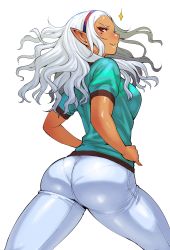 Rule 34 | 1girl, ass, bad id, bad tumblr id, breasts, commentary request, dark-skinned female, dark elf, dark skin, elf, elf-san wa yaserarenai., hairband, hands on own hips, highres, hip focus, huge ass, kuroeda (elf-san wa yaserarenai.), long hair, looking at viewer, looking back, mole, mole under eye, pants, pantylines, parted lips, pointy ears, simple background, smile, solo, synecdoche, thick thighs, thighs, tight clothes, tight pants, white background, white hair, wide hips