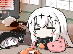 Rule 34 | 3girls, abyssal ship, aircraft carrier water oni, blush stickers, cape, chibi, comic, commentary request, closed eyes, food, fruit, goma (gomasamune), hanten, heater, highres, hood, hood up, hoodie, kantai collection, long sleeves, mandarin orange, multiple girls, multiple tails, ne-class heavy cruiser, open mouth, peeling, purple eyes, re-class battleship, smile, tail, white hair