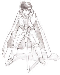 Rule 34 | 1boy, cape, clenched teeth, fighting stance, headband, loan knight, male focus, monochrome, shadow, sketch, solo, sword, teeth, traditional media, weapon, yoshitomi akihito