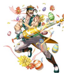 Rule 34 | 1boy, animal ears, bartre (fire emblem), boots, bow, brown eyes, brown hair, dai-xt, easter egg, egg, facial hair, fire emblem, fire emblem: the binding blade, fire emblem heroes, flower, full body, gloves, headband, highres, male focus, muscular, mustache, nintendo, official alternate costume, official art, open mouth, pectoral cleavage, pectorals, rabbit ears, solo, teeth, transparent background