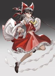 Rule 34 | 1girl, absurdres, arms up, ascot, bare shoulders, black hair, breasts, brown footwear, closed mouth, collarbone, collared shirt, commentary, detached sleeves, fingernails, flying, frills, gohei, gradient background, grey background, grey socks, hair between eyes, hakurei reimu, hands up, highres, leg up, long sleeves, looking at viewer, medium breasts, medium hair, ofuda, ponytail, red eyes, red shirt, red skirt, reki (user rcrd4534), sarashi, shirt, shoes, skirt, socks, solo, touhou, wide sleeves, yellow ascot