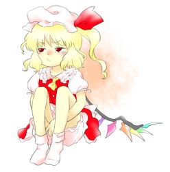 Rule 34 | 1girl, ascot, bloomers, bobby socks, bright pupils, closed mouth, flandre scarlet, full body, hat, hat ribbon, long hair, looking to the side, nonamejd, official style, puffy short sleeves, puffy sleeves, red eyes, red ribbon, red skirt, red vest, ribbon, short sleeves, side ponytail, sitting, skirt, socks, solo, tears, touhou, underwear, v-shaped eyebrows, vest, white bloomers, white hat, white pupils, white socks, wings, yellow ascot, zun (style)