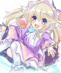 Rule 34 | 1girl, bimmy, blonde hair, blue eyes, fairy, hairband, happy, heart, highres, histoire, leggings, long hair, looking at viewer, neptune (series), open mouth, ribbon, robe, smile, socks, solo, thighs, tome fairy, twintails