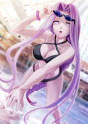 1girl absurdres bare_shoulders bikini black_bikini bracelet breasts cleavage fate/hollow_ataraxia fate_(series) forehead highres jewelry kebab_(blackdoll) large_breasts long_hair looking_at_viewer medusa_(fate) medusa_(rider)_(fate) navel open_mouth parted_bangs purple_eyes purple_hair sidelocks solo sunglasses swimsuit very_long_hair