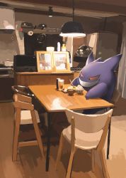 Rule 34 | :d, alcohol, beer, black eyes, bowl, colored sclera, creatures (company), eating, game freak, gen 1 pokemon, gengar, ghost, highres, indoors, kitchen, nihei92729, nintendo, no humans, on chair, open mouth, orange theme, pokemon, pokemon (creature), red sclera, rice, rice bowl, roomscape, sitting, smile, solo, table