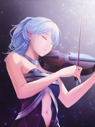 Rule 34 | 1girl, ak-12 (girls&#039; frontline), ak-12 (quiet azure) (girls&#039; frontline), bare shoulders, breasts, closed eyes, closed mouth, commentary request, dress, gan-viking, girls&#039; frontline, halterneck, highres, holding, holding instrument, holding violin, instrument, long hair, medium breasts, navel, official alternate costume, sidelocks, silver hair, solo, violin