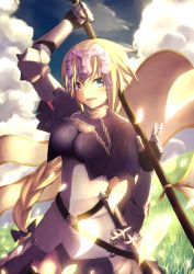 Rule 34 | 1girl, armor, armored dress, banner, blonde hair, blue eyes, braid, breasts, bright (long-ago), dress, fate/apocrypha, fate/grand order, fate (series), floating hair, gloves, hair blowing, headpiece, highres, holding, holding weapon, jeanne d&#039;arc (fate), jeanne d&#039;arc (ruler) (fate), long hair, looking at viewer, solo, standing, very long hair, weapon