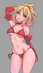 Rule 34 | 1girl, alternate breast size, arm up, armpits, bikini, blonde hair, breasts, covered erect nipples, cowboy shot, elbow gloves, fang, fate/apocrypha, fate (series), gloves, green eyes, grey background, hevn, long hair, looking at viewer, medium breasts, mordred (fate), mordred (fate/apocrypha), navel, open mouth, ponytail, red bikini, simple background, smile, solo, standing, swimsuit, thighs