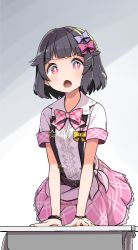 Rule 34 | 1girl, :o, bang dream!, belt, black hair, bow, bowtie, bracelet, desk, hair bow, hair ornament, hairpin, jewelry, looking at viewer, pink bow, pink bowtie, pink skirt, plaid, plaid bow, plaid bowtie, plaid neckwear, purple bow, red eyes, school desk, shipii (jigglypuff), shirt, short hair, short sleeves, skirt, solo, star (symbol), suspenders, textless version, tied shirt, ushigome rimi, v-shaped eyebrows, white shirt, yellow bow