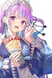 Rule 34 | 1girl, :d, \n/, absurdres, ahoge, anchor, anchor symbol, apron, blue hair, blue kimono, colored inner hair, crepe, darjeeling (reley), food, frilled apron, frills, hand up, highres, holding, holding food, hololive, japanese clothes, kimono, long hair, long sleeves, minato aqua, minato aqua (new year), multicolored hair, obi, one side up, open mouth, purple eyes, purple hair, sash, simple background, smile, solo, two-tone hair, upper body, virtual youtuber, waist apron, white apron, white background, wide sleeves