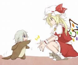 Rule 34 | 2girls, :d, animal costume, blonde hair, blue eyes, child, dog costume, dog slippers, flandre scarlet, happy, hat, izayoi sakuya, mob cap, multiple girls, open mouth, puffy short sleeves, puffy sleeves, red eyes, shirt, short sleeves, silver hair, skirt, skirt set, smile, squatting, touhou, vest, wings, wrist cuffs, aged down, yuuta (monochrome)