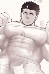 Rule 34 | 1boy, bad id, bad pixiv id, bandages, bara, covered abs, cowboy shot, facial hair, fire, flaming halo, from below, frown, greyscale, halo, large pectorals, looking at viewer, male focus, mature male, monochrome, muscular, muscular male, naked bandage, official alternate costume, pectorals, po fu, short hair, sideburns, stubble, sweatdrop, tokyo houkago summoners, zabaniyya (housamo)