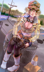 Rule 34 | 10s, 1girl, blonde hair, boots, bra, breasts, cidney aurum, cleavage, final fantasy, final fantasy xv, goggles, goggles around neck, hat, highres, midriff, naussi, navel, short shorts, shorts, solo, thighhighs, thong, tire, underwear, unzipped, wrench