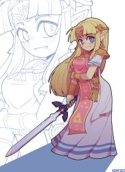 Rule 34 | 1girl, 3d background, absurdres, blonde hair, blue eyes, blush, dress, earrings, full body, hair intakes, highres, holding, holding sword, holding weapon, jewelry, kemori, long hair, looking at viewer, master sword, nintendo, pink tabard, pointy ears, princess zelda, solo, standing, sword, tabard, the legend of zelda, the legend of zelda: a link between worlds, triforce, weapon