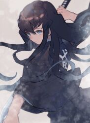 Rule 34 | 1boy, aqua hair, black dress, black hair, blue eyes, closed mouth, clothes writing, demon slayer uniform, dress, expressionless, gradient hair, grey background, hair between eyes, highres, holding, holding sword, holding weapon, japanese clothes, katana, kimetsu no yaiba, long hair, long sleeves, looking at viewer, looking to the side, male focus, multicolored hair, parted lips, sheath, shirukokko, simple background, solo, standing, sword, tokitou muichirou, translation request, two-tone hair, very long hair, weapon, white background, wide sleeves