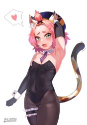 Rule 34 | 1girl, :3, absurdres, animal ear fluff, animal ears, armpits, black gloves, black pantyhose, breasts, cat ears, cat girl, cat tail, detached collar, diona (genshin impact), elbow gloves, fangs, genshin impact, gloves, green eyes, hat, heart, highres, kittysuit, leotard, necktie, nontraditional playboy bunny, open mouth, pantyhose, pixiv id, playboy bunny, short hair, short necktie, simple background, small breasts, smile, solo, spoken heart, tail, torpedo (gad3757), twitter username, white background, wrist cuffs