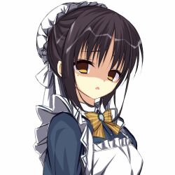 Rule 34 | 1girl, apron, asagi nanami, black hair, blue dress, bow, cafe stella to shinigami no chou, close-up, commentary, disgust, dress, earrings, empty eyes, eyebrows hidden by hair, eyelashes, frilled apron, frills, frown, furrowed brow, hair between eyes, hair bun, jewelry, looking at viewer, maid, maid apron, medium hair, mole, mole under eye, open mouth, orange bow, pinstripe bow, shaded face, shiki natsume, simple background, single hair bun, solo, stud earrings, white apron, white background, yellow eyes
