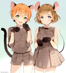 Rule 34 | 2girls, :3, :d, anco (melon85), animal ears, artist name, black gloves, blue background, brown hair, cat ears, cat tail, cowboy shot, dress, earrings, gloves, green eyes, hoshizora rin, jewelry, koizumi hanayo, looking at viewer, love live!, love live! school idol festival, love live! school idol project, mouse ears, mouse tail, multiple girls, open mouth, orange hair, paw pose, plaid, plaid dress, plaid shirt, plaid shorts, pom pom (clothes), pom pom earrings, purple eyes, shirt, short hair, shorts, sleeveless, sleeveless dress, smile, tail