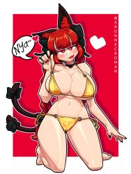 Rule 34 | 1girl, :3, :d, absurdres, animal ears, aronnecroman, bikini, bikini pull, bikini top pull, black bow, blush, bow, breasts, cat ears, cat girl, cat tail, cleavage, clothes pull, collar, collarbone, commentary, english commentary, fang, full body, gold bikini, hair bow, heart, highres, huge breasts, kaenbyou rin, kneeling, looking at viewer, multiple tails, nekomata, open mouth, outline, pulling own clothes, red eyes, red hair, red nails, smile, solo, speech bubble, swimsuit, tail, touhou, twitter username, two tails, variant set, white outline