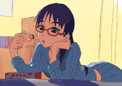 Rule 34 | 00s, 1girl, :o, apollo chocolate, bed, bedroom, black hair, blue hair, blush, box, carton, flcl, food, glasses, green eyes, indoors, long sleeves, lying, ninamori eri, on stomach, pajamas, parted lips, purple hair, red-framed eyewear, ribbed sweater, room, solo, sweater