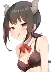 Rule 34 | 1girl, black bra, black hair, blush, bra, breasts, closed mouth, demon horns, detached collar, fubuki (kancolle), highres, horns, kantai collection, medium breasts, red eyes, sakieko, short hair, short ponytail, simple background, smile, solo, tongue, tongue out, underwear, upper body, white background