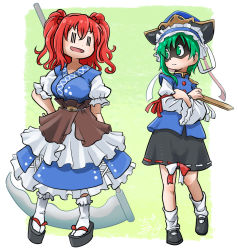 Rule 34 | 2girls, asymmetrical hair, black footwear, blue dress, blue vest, bow, chamaji, coin, coin on string, commentary request, crossed arms, dress, frilled hat, frills, green hair, hair bobbles, hair ornament, hand on own hip, hat, holding, holding scythe, holed coin, japanese clothes, long sleeves, mary janes, multiple girls, onozuka komachi, puffy short sleeves, puffy sleeves, red hair, ribbon, ribbon-trimmed skirt, ribbon trim, rod of remorse, sandals, scythe, shaded face, shiki eiki, shoes, short hair, short sleeves, signature, socks, touhou, two side up, vest, white legwear, wide sleeves