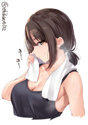 Rule 34 | 1girl, bare shoulders, breasts, brown hair, commentary request, drying, ebifurya, eyes visible through hair, from side, hair between eyes, highres, looking at viewer, medium breasts, original, parted lips, short hair, short ponytail, simple background, steam, sweat, tank top, towel, towel around neck, twitter username, upper body, white background, yellow eyes