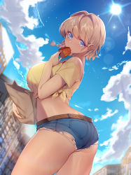 Rule 34 | 1girl, ass, bag, bare shoulders, belt, blonde hair, blue eyes, blue shorts, blue sky, braid, breasts, brown belt, city, cloud, commentary, cowboy shot, crop top, day, eating, food, food in mouth, highres, holding, holding bag, holding food, large breasts, looking at viewer, mendou kusai, original, outdoors, shirt, short hair, short shorts, short sleeves, shorts, side-tie shirt, sky, solo, standing, tied shirt, yellow shirt
