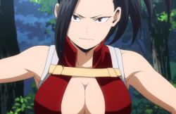 Rule 34 | 1girl, bare shoulders, black eyes, black hair, boku no hero academia, breasts, cleavage, forest, highres, large breasts, long hair, looking at viewer, nature, ponytail, screencap, serious, sleeveless, solo, sweat, third-party edit, tree, yaoyorozu momo