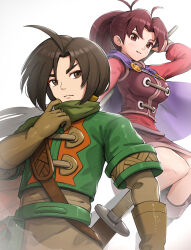 Rule 34 | 1boy, 1girl, alex (golden sun), breasts, brown eyes, brown hair, cape, closed mouth, golden sun, gonzarez, highres, jenna (golden sun), large breasts, long hair, looking at viewer, ponytail, red hair, simple background, skirt, smile, staff, sword, weapon, white background, wide ponytail