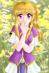 Rule 34 | 1girl, blonde hair, character name, clarine, copyright name, fire emblem, fire emblem: the binding blade, hissaa (starlight express), long hair, nintendo, ponytail, purple eyes, solo