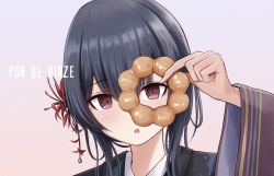 Rule 34 | 1girl, black hair, close-up, commentary request, doughnut, flower, food, hair flower, hair ornament, highres, holding, holding food, idolmaster, idolmaster shiny colors, japanese clothes, kimono, long hair, morino rinze, pon de ring, red eyes, simple background, solo, warubo