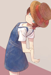 Rule 34 | 1girl, arched back, arms behind back, blue overalls, blush, boater hat, breasts, brown hair, closed mouth, cowboy shot, denim overalls, dot nose, flipped hair, green eyes, grey hair, hat, hat ribbon, highres, holding own arm, idolmaster, idolmaster million live!, idolmaster million live! theater days, kinoshita hinata, light smile, looking at viewer, overall skirt, overalls, ribbon, shirafu ne, shirt, short hair, short sleeves, sidelocks, simple background, small breasts, solo, two-tone background, white shirt