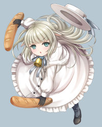 Rule 34 | .live, 1girl, absurdres, animal ears, bell, blue eyes, boots, bread, commentary request, dress, dual wielding, food, full body, gloves, grey hair, hat, highres, holding, looking at viewer, merry milk, mura (1007mura), open mouth, sheep ears, simple background, virtual youtuber