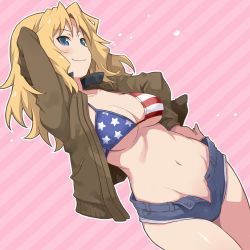 Rule 34 | 10s, 1girl, american flag bikini, american flag print, arm behind head, arm up, bikini, bikini top only, bikini under clothes, blonde hair, blue eyes, bomber jacket, breasts, cleavage, denim, denim shorts, dutch angle, flag print, girls und panzer, groin, hand on own hip, jacket, kay (girls und panzer), large breasts, long hair, looking at viewer, maruto!, midriff, model pose, navel, no panties, open clothes, open jacket, print bikini, short shorts, shorts, smile, solo, swimsuit, thick thighs, thighs, unbuttoned, unzipped