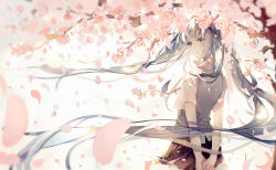 Rule 34 | 1girl, absurdly long hair, arms behind back, cherry blossoms, floating hair, green eyes, green hair, hatsune miku, long hair, matching hair/eyes, pudding (8008208820), school uniform, skirt, solo, twintails, very long hair, vocaloid
