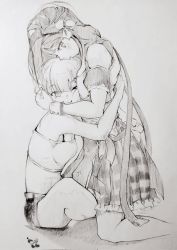 Rule 34 | 2girls, armband, bare arms, bare shoulders, belt, blush, bow, bra strap, breasts, cheek press, closed mouth, dress, flower, frilled dress, frills, graphite (medium), greyscale, hair between eyes, hair flower, hair ornament, hairclip, hand on another&#039;s head, hands on another&#039;s back, happy, highres, hina misora, hug, indian style, iosa ferran, kneeling, long hair, medium hair, midriff, monochrome, multiple girls, mutual hug, one eye closed, plaid, plaid dress, raised eyebrows, rurine luna, sad, short shorts, shorts, sitting, small breasts, smile, strapless, tank top, traditional media, tube top, virtual youtuber, wactor production, waist hug, wrist cuffs