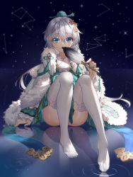 Rule 34 | 1girl, ass, blue eyes, blue nails, character request, check character, clothing request, commentary request, constellation, feet, fur trim, ginklaga, hair between eyes, hair ornament, highres, holding, honkai (series), honkai impact 3rd, japanese clothes, kimono, long hair, long sleeves, looking at viewer, nail polish, night, night sky, no shoes, reflection, silver hair, sitting, sky, solo, star (sky), starry sky, theresa apocalypse, zhuge kongming (honkai impact), thighhighs, water, white kimono, white thighhighs, zhuge kongming (honkai impact)