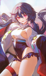 Rule 34 | 1girl, absurdres, allen m. sumner (azur lane), azur lane, bare shoulders, black leotard, blush, breasts, cleavage, clothing cutout, collared leotard, contrapposto, cowboy shot, frilled leotard, frills, from side, g141, hair between eyes, highleg, highleg leotard, highres, huge filesize, leotard, long hair, looking at viewer, looking to the side, low twintails, lower teeth only, medium breasts, off shoulder, open mouth, pink eyes, pink hair, purple hair, rabbit pin, sidelighting, smile, solo, star (symbol), teeth, thigh strap, thighs, twintails, two-tone leotard, underboob, underboob cutout