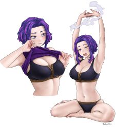 Rule 34 | 1girl, ;o, absurdres, adjusting clothes, adjusting shirt, armpits, arms up, artist name, bare legs, bare shoulders, barefoot, black panties, black sports bra, boku no hero academia, breasts, cleavage, dismaiden, feet, highres, lady nagant, large breasts, legs, looking at viewer, looking to the side, multicolored hair, multiple views, navel, one eye closed, open mouth, panties, parted lips, pink hair, purple eyes, purple hair, purple shirt, shirt, short hair, sitting, sleeveless, sleeveless shirt, smoke, sports bra, stomach, stretching, tears, thighs, toenails, toes, two-tone hair, under armour, underwear, white background, yawning, zipper