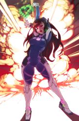 Rule 34 | 1girl, arm up, bodysuit, breasts, brown hair, d.va (overwatch), explosion, eyeshadow, facial mark, full body, gloves, headphones, heart, highres, long hair, looking at viewer, makeup, one eye closed, open mouth, overwatch, overwatch 1, pixelated, rtil, skindentation, solo, standing, stretching, thigh gap, whisker markings, white gloves, yawning
