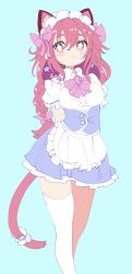Rule 34 | 1girl, animal ear fluff, animal ears, aqua background, arms behind back, blush, blush stickers, bow, braid, buttons, cat ears, cat girl, cat tail, check copyright, closed mouth, copyright request, doroame (ameyu), earrings, frills, hair between eyes, hair bow, highres, jewelry, long hair, maid, maid headdress, original, pink bow, pink eyes, pink hair, pink neckwear, puffy sleeves, simple background, single thighhigh, solo, star-shaped pupils, star (symbol), star earrings, symbol-shaped pupils, tail, thighhighs, white thighhighs