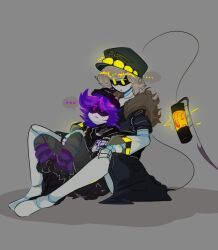 Rule 34 | 1boy, 1girl, beanie hat, boots, choker, coat, glitch productions, hair over one eye, hat, murder drones, n (murder drones), purple eyes, purple hair, robot, sitting, size difference, tail, uzi (murder drones)