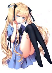 Rule 34 | 1girl, absurdres, ass, black bow, black ribbon, black thighhighs, blonde hair, blue dress, blue eyes, blush, bow, bowtie, closed mouth, collared dress, dress, feet, full body, hair ribbon, hand up, highres, holding, holding hair, hugging own legs, knees up, long hair, looking at viewer, no shoes, omoomomo, original, over-kneehighs, pleated dress, puffy short sleeves, puffy sleeves, ribbon, short sleeves, simple background, solo, thighhighs, thighs, twintails, very long hair, white background