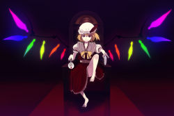 Rule 34 | 1girl, armchair, bad id, bad pixiv id, barefoot, blonde hair, chair, cup, feet, feet on chair, female focus, flandre scarlet, hat, looking at viewer, red eyes, sasamori tomoe, short hair, side ponytail, sitting, smile, solo, teacup, touhou, wings