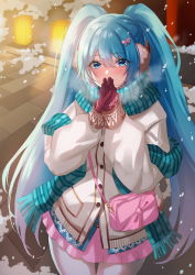 Rule 34 | 1girl, aqua eyes, aqua hair, aqua scarf, bag, blush, bow, bowtie, coat, commentary, covering own mouth, cowboy shot, earmuffs, gloves, hair bow, handbag, hands up, hatsune miku, highres, inue ao, looking at viewer, miniskirt, night, own hands together, pantyhose, pink bow, pink bowtie, pink skirt, red gloves, scarf, skirt, solo, standing, twintails, vocaloid, white coat, white pantyhose, winter, winter clothes