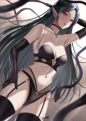 Rule 34 | 1girl, absurdres, arm up, armpits, black bra, black choker, black hair, black panties, black thighhighs, blush, bra, breasts, brown background, cameltoe, choker, cleavage, cowboy shot, dutch angle, final fantasy, final fantasy xiv, fishnets, gradient background, hair ornament, hairclip, hand on own thigh, highres, holding, holding whip, jewelry, lips, long hair, looking at viewer, medium breasts, mole, mole on breast, necklace, nori chazuke, panties, parted bangs, parted lips, pointy ears, purple eyes, signature, smile, solo, strapless, strapless bra, thighhighs, underwear, underwear only, very long hair